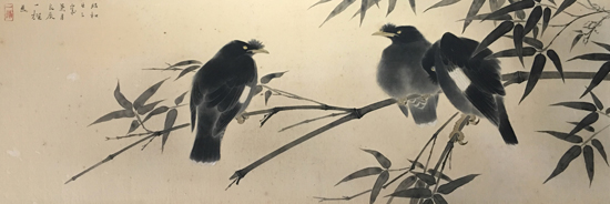 一雄 花鳥 30X90cm 絹本鏡心