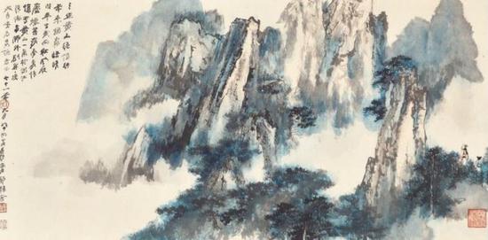 拍賣編號(hào) 1258
張大千(1899-1983) 《 黃山文筆生花》
鏡框 水墨 設(shè)色紙本
56 x 107 公分(22 x 42 1/8 吋)
港元 2,200,000-2,800,000