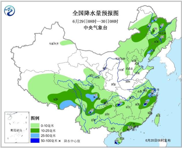 圖2 全國降水量預報圖（6月29日08時—30日08時）
