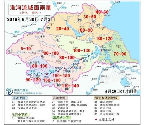淮河流域面雨量預報（6月30日—7月3日）