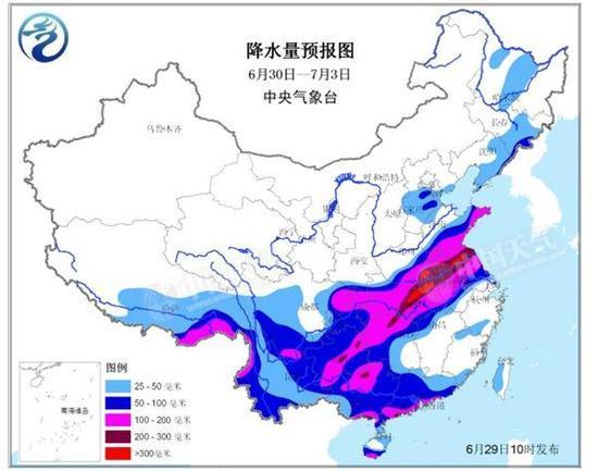 降水量預報圖（6月30日—7月3日）