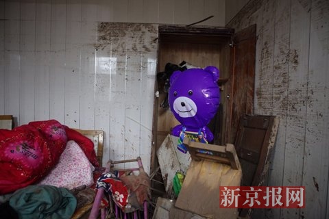洪水過后，張?zhí)K輝家的屋子，小梓陽生前最喜歡的紫色重啟小熊立在屋子一角。新京報記者 王嘉寧 攝