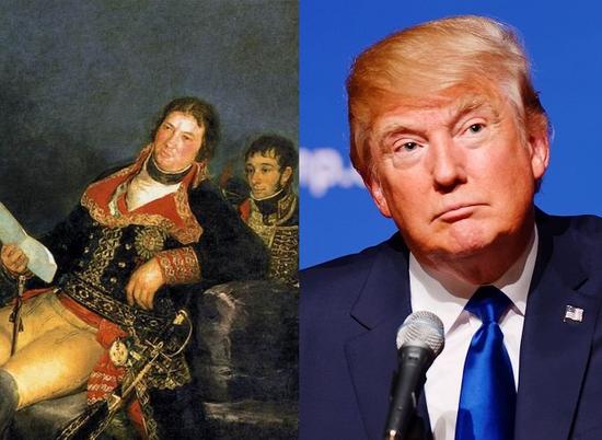 左：戈雅，《曼努埃爾·戈多伊肖像》（Portrait of Manuel Godoy），1801。圖片：Courtesy of Wikicommons 右：唐納德·特朗普，2016。圖片：Courtesy of Wikicommons