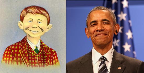 左：阿爾弗雷德·E·紐曼。圖片：Courtesy Wikicommons 右：巴拉克·奧巴馬總統(tǒng)，2016。圖片：Courtesy Adam Berry/Getty Images