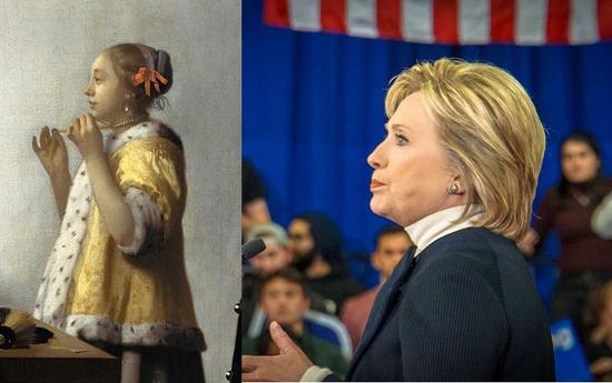 左：維米爾，《戴珍珠項鏈的女子》（Woman With A Pearl Necklace），1662-1665。圖片：Courtesy of Wikicommons 右：希拉里·克林頓，2016。圖片： Courtesy of Wikicommons