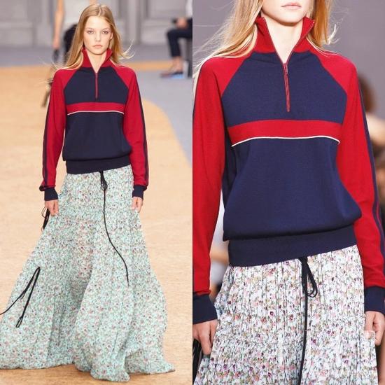 同款不同色的拉鏈高領(lǐng)衫搭配仙女裙，也令人印象深刻