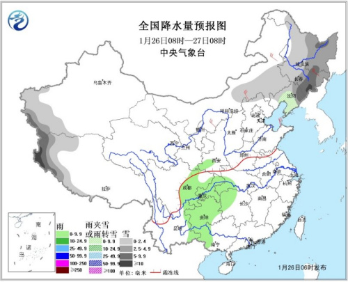 圖1 全國(guó)降水量預(yù)報(bào)圖(26日08時(shí)-27日08時(shí))