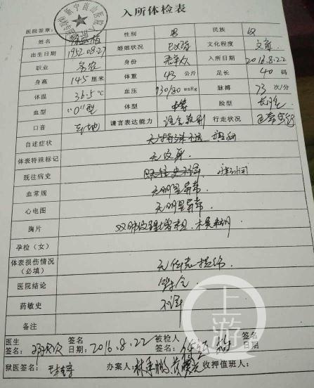徐運柏體檢表。受訪者供圖