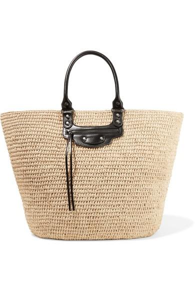 BALENCIAGA?Panier 皮革邊飾酒椰葉纖維大號手提包