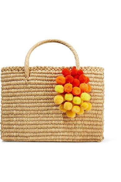 NANNACAY Maldives 絨球綴飾編織酒椰葉纖維中號手提包