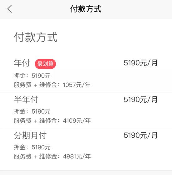 蛋殼公寓APP上，某房源的租金支付方式一覽。