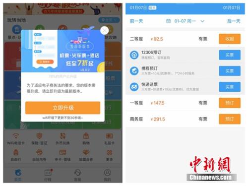 某OTA平臺(tái)上提示用戶(hù)“為適應(yīng)電商法需升級(jí)APP”，其提供的火車(chē)票購(gòu)買(mǎi)也不存在默認(rèn)搭售情況。截圖