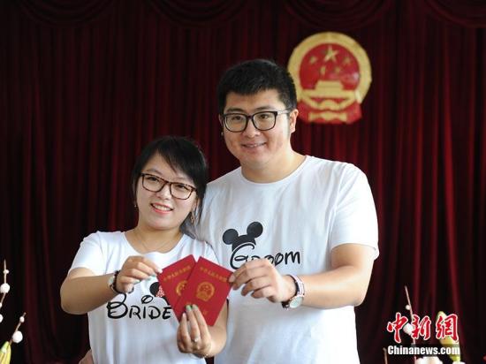 8月17日農(nóng)歷七月初七是我國傳統(tǒng)“七夕節(jié)”，在吉林長春，許多準(zhǔn)新人都選擇這一天去辦理結(jié)婚登記，有準(zhǔn)新人在清晨5點就來到婚姻登記處排隊等候。圖為新人們展示自己的結(jié)婚證。 劉棟 攝